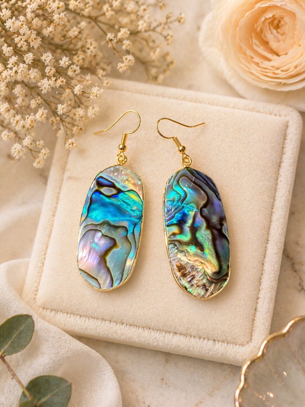 Gold-Trim Abalone Shell Drop Earrings - Iridescent Blue-Green